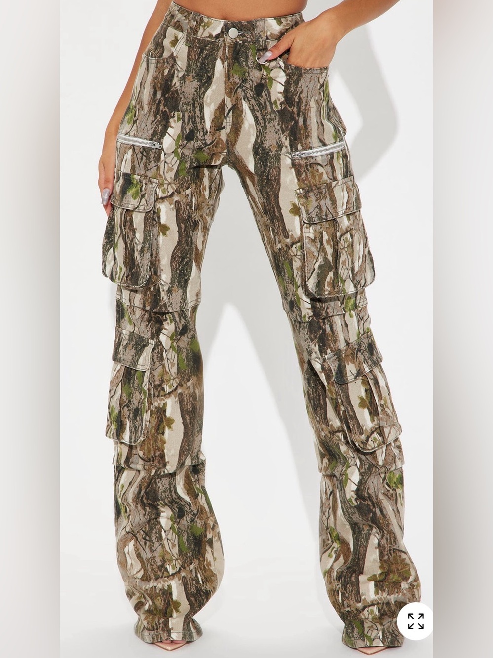 Fashion Nova Women’s Camouflage Boot Cut Cargo Pants - Green/White/Brown